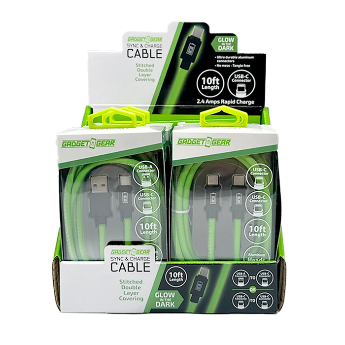 Charging Cable Glow in The Dark Assortment 10FT - 6 Pieces Per Retail Ready Display 88589 GADGET GEAR