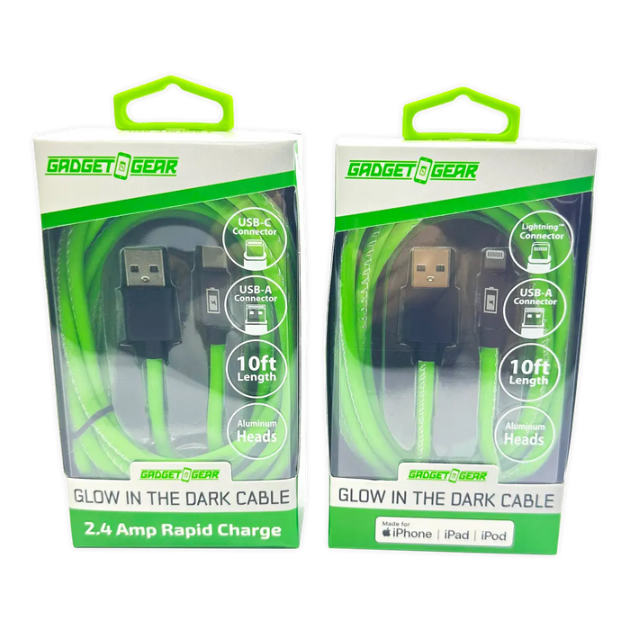 Charging Cable Glow in The Dark Assortment 10FT - 6 Pieces Per Retail Ready Display 25113 GADGET GEAR