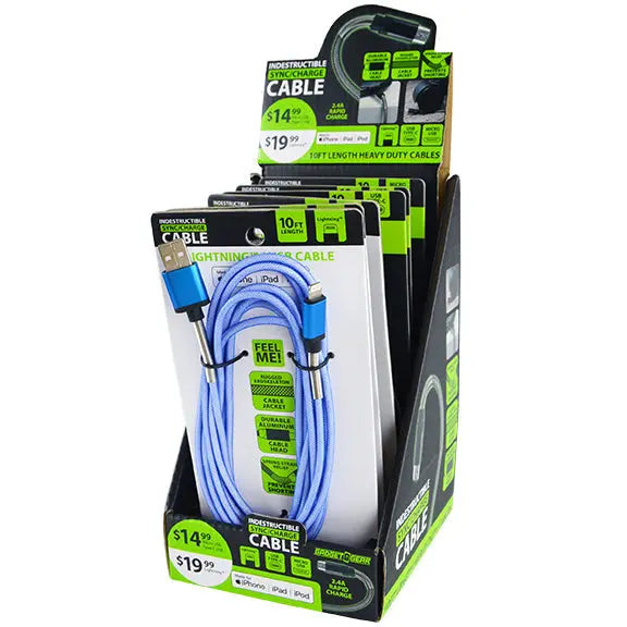 Charging Cable Indestructible Assortment 10FT 2.4 Amp - 6 Pieces Per Retail Ready Display 88294 GADGET GEAR