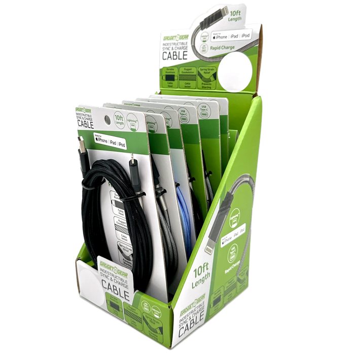 Charging Cable Indestructible Assortment 10FT 2.4 Amp - 6 Pieces Per Retail Ready Display 88468 GADGET GEAR