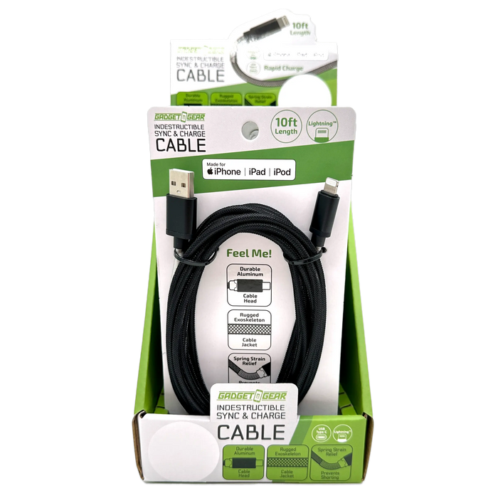 Charging Cable Indestructible Assortment 10FT 2.4 Amp - 6 Pieces Per Retail Ready Display 88468 GADGET GEAR