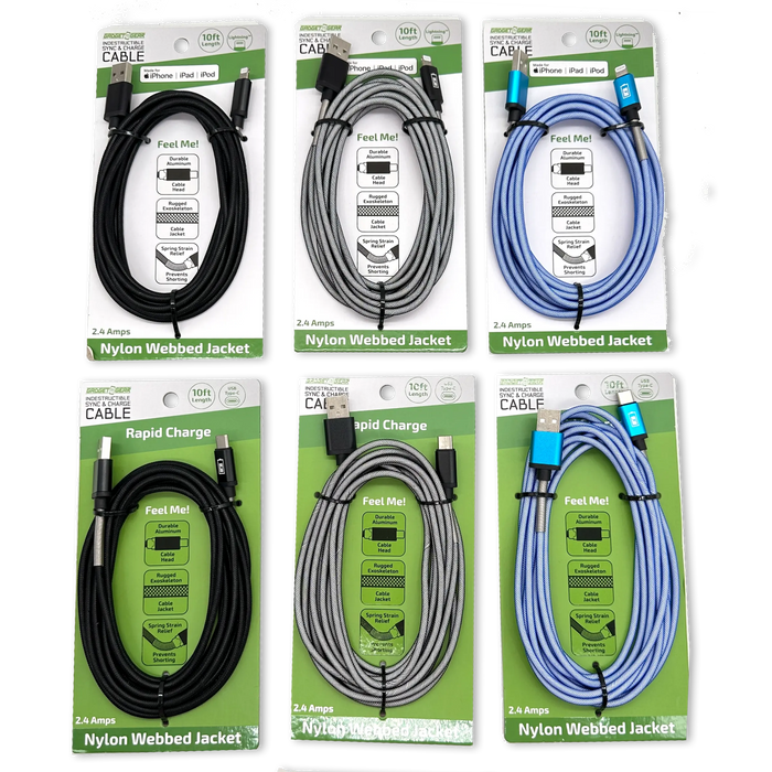 Charging Cable Indestructible Assortment 10FT 2.4 Amp - 6 Pieces Per Retail Ready Display 88468 GADGET GEAR
