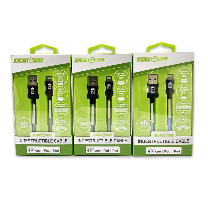 Charging Cable Indestructible USB to Lightning 4FT 2.4 Amp - 3 Pieces Per Pack 24600 GADGET GEAR