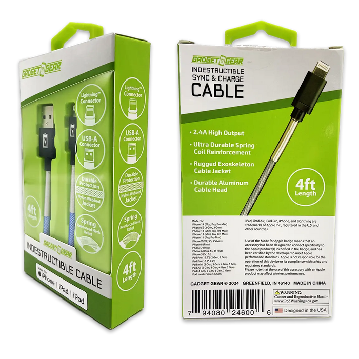 Charging Cable Indestructible USB to Lightning 4FT 2.4 Amp - 3 Pieces Per Pack 24600 GADGET GEAR