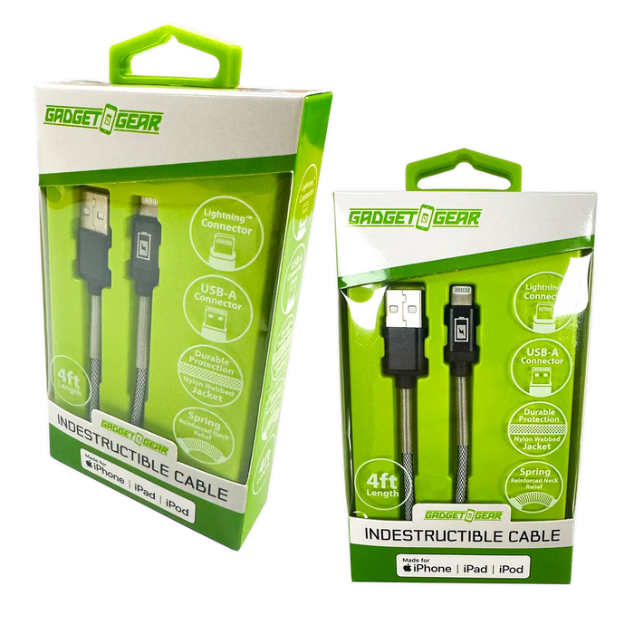 Charging Cable Indestructible USB to Lightning 4FT 2.4 Amp - 3 Pieces Per Pack 24600 GADGET GEAR