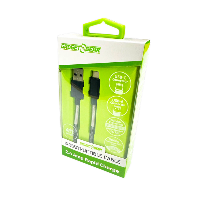 Charging Cable Indestructible USB to USB-C 4FT 2.4 Amp - 3 Pieces Per Pack 24613 GADGET GEAR