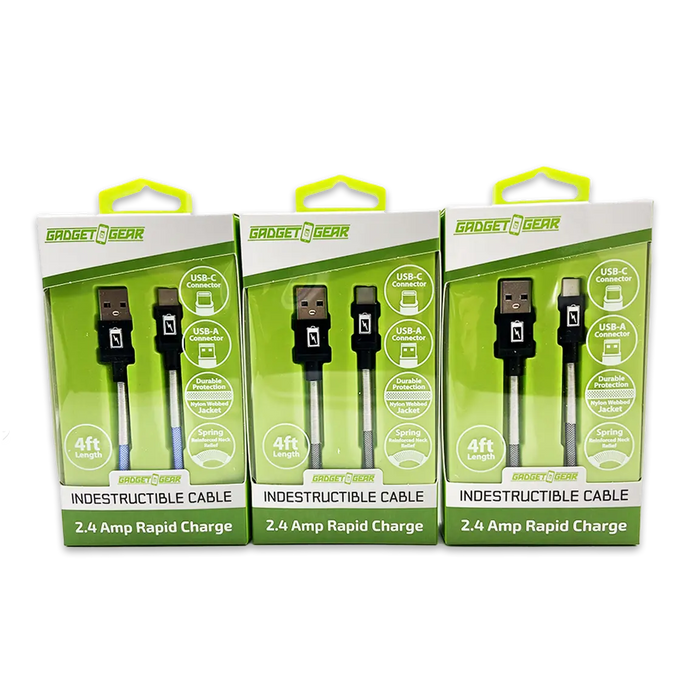 Charging Cable Indestructible USB to USB-C 4FT 2.4 Amp - 3 Pieces Per Pack 24613 GADGET GEAR