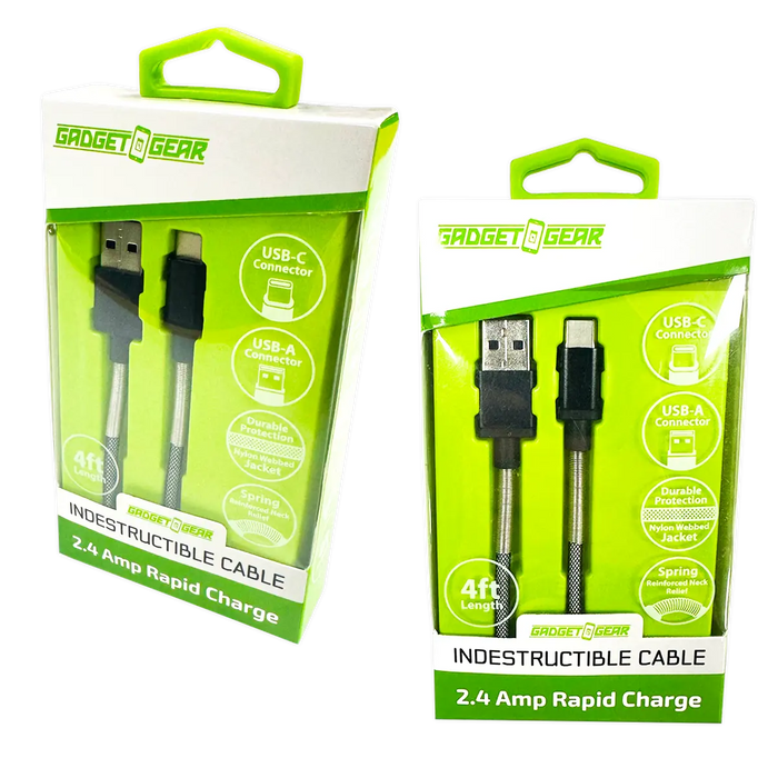 Charging Cable Indestructible USB to USB-C 4FT 2.4 Amp - 3 Pieces Per Pack 24613 GADGET GEAR
