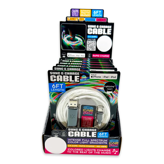 Charging Cable LED Light-Up Assortment - 6 Pieces Per Retail Ready Display 88472 CAR VIBEZ
