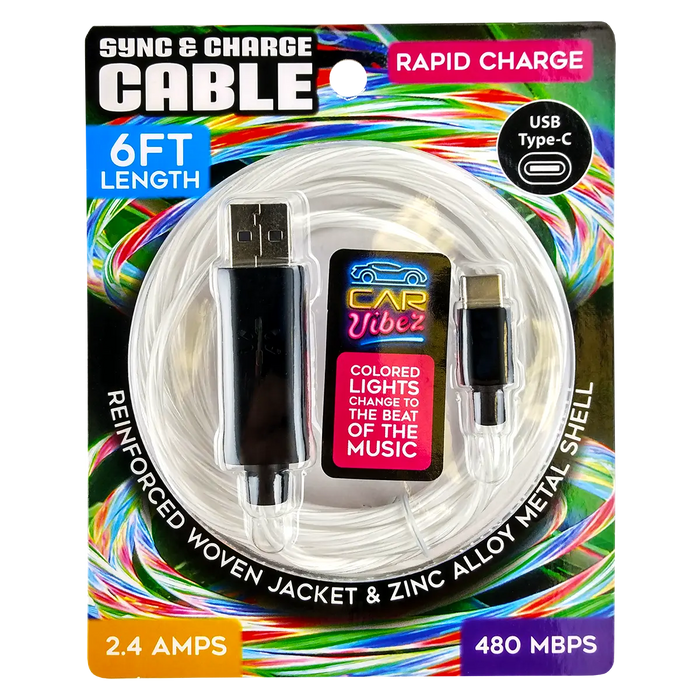 Charging Cable LED Light-Up Assortment - 6 Pieces Per Retail Ready Display 88472 CAR VIBEZ