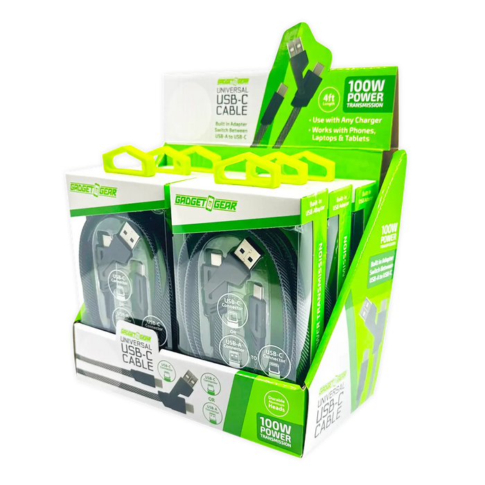 Charging Cable Multi-Head USB-C to USB-C with USB Adapter 4FT 100 Watts - 6 Pieces Per Retail Ready Display 25080 GADGET GEAR