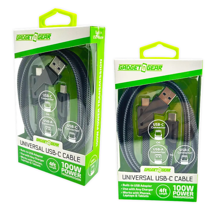 Charging Cable Multi-Head USB-C to USB-C with USB Adapter 4FT 100 Watts - 6 Pieces Per Retail Ready Display 25080 GADGET GEAR