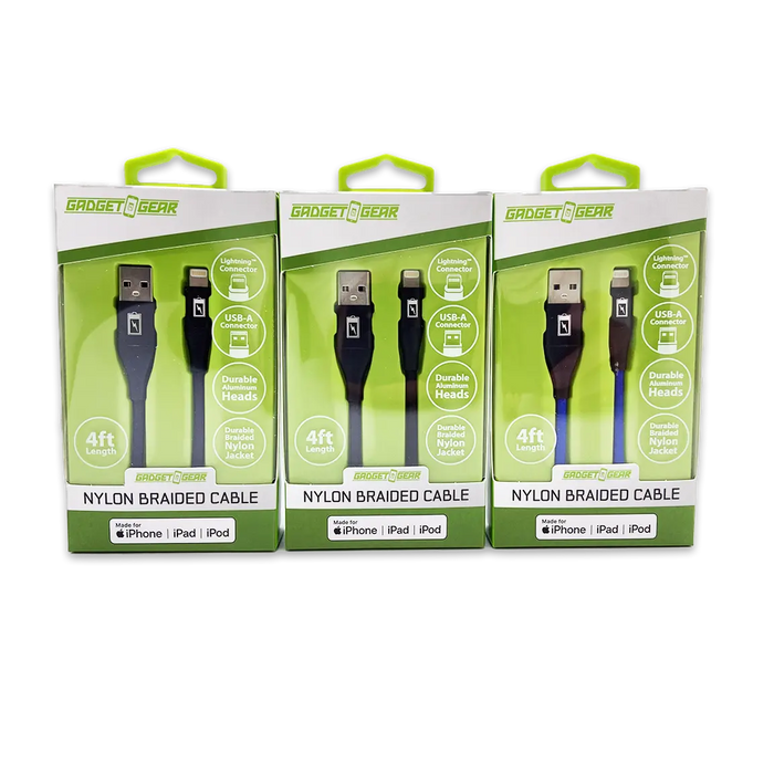 Charging Cable Nylon Braided USB to Lightning 4FT 2.4 Amp - 3 Pieces Per Pack 24603 GADGET GEAR