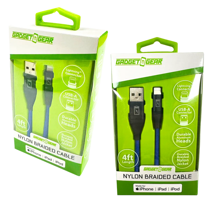 Charging Cable Nylon Braided USB to Lightning 4FT 2.4 Amp - 3 Pieces Per Pack 24603 GADGET GEAR