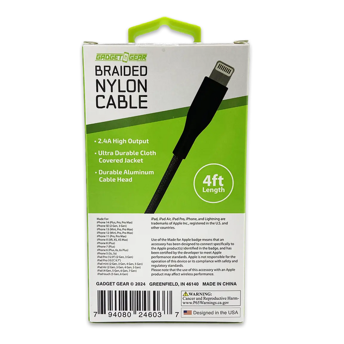 Charging Cable Nylon Braided USB to Lightning 4FT 2.4 Amp - 3 Pieces Per Pack 24603 GADGET GEAR
