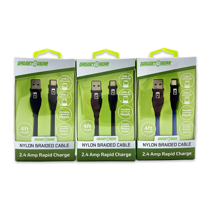 Charging Cable Nylon Braided USB to USB-C 4FT 2.4 Amp - 3 Pieces Per Pack 24616 GADGET GEAR
