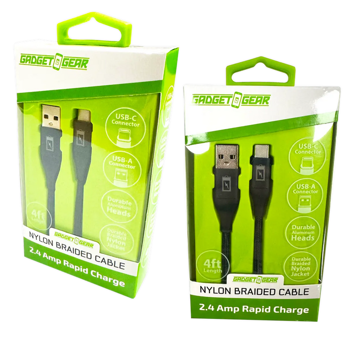 Charging Cable Nylon Braided USB to USB-C 4FT 2.4 Amp - 3 Pieces Per Pack 24616 GADGET GEAR