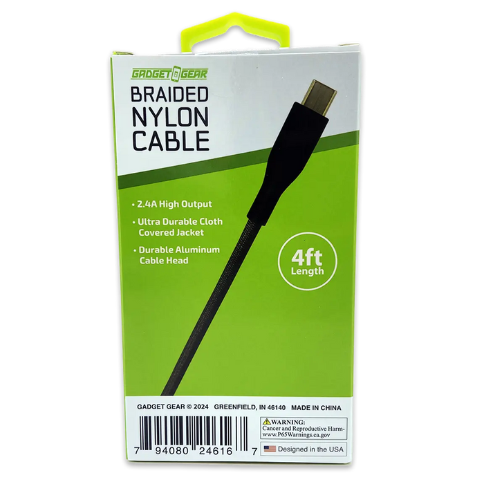 Charging Cable Nylon Braided USB to USB-C 4FT 2.4 Amp - 3 Pieces Per Pack 24616 GADGET GEAR