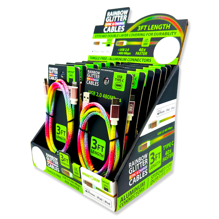 Charging Cable Rainbow Assortment 3FT - 12 Pieces Per Retail Ready Display 88456 GADGET GEAR