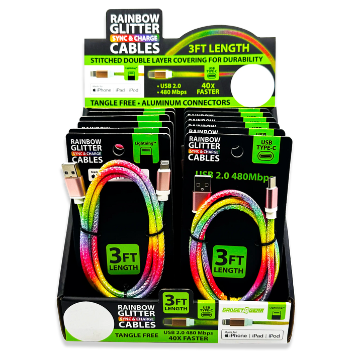 Charging Cable Rainbow Assortment 3FT - 12 Pieces Per Retail Ready Display 88456 GADGET GEAR