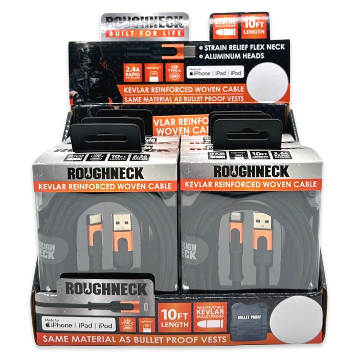 Charging Cable Roughneck Cloth Assortment 10FT 2.4 Amp - 6 Pieces Per Retail Ready Display 88460 ROUGHNECK