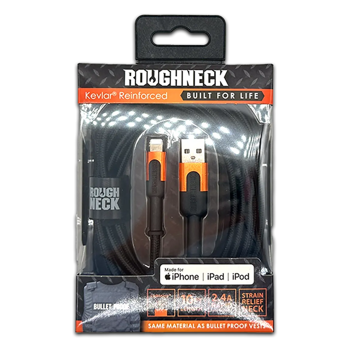 Charging Cable Roughneck Soft Cloth USB to Lightning 10FT 2.4 Amp - 4 Pieces Per Retail Ready Pack 41594 ROUGHNECK