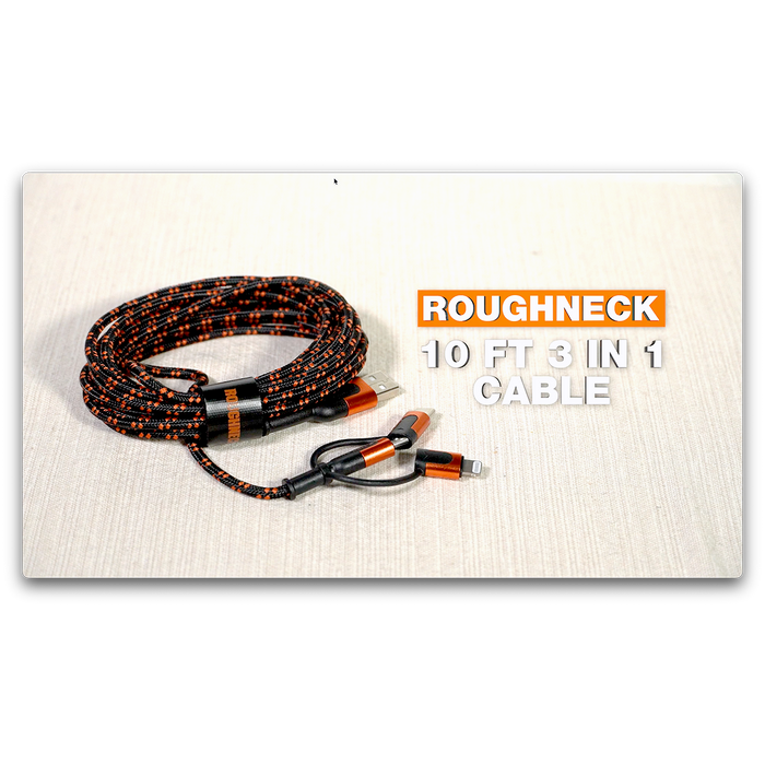 Charging Cable USB 3 in 1 Multi-Head USB-C / Micro USB / Lightning 10FT - 3 Pieces Per Pack 24561 ROUGHNECK