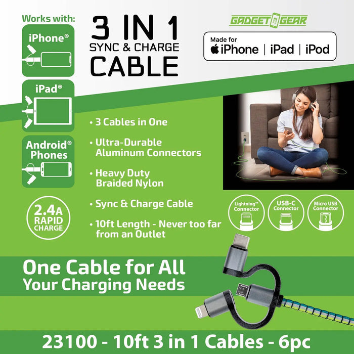 Charging Cable USB 3 in 1 Multi-Head USB-C / Micro USB / Lightning 10FT - 6 Pieces Per Retail Ready Display 23100 GADGET GEAR