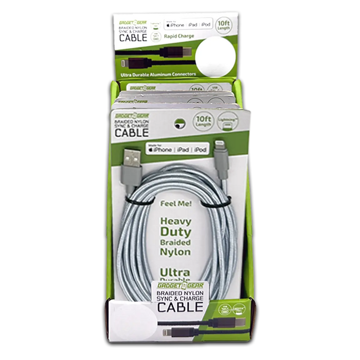 Charging Cable USB to Lightning 10FT 2.4 Amp - 6 Pieces Per Retail Ready Display 23827 GADGET GEAR
