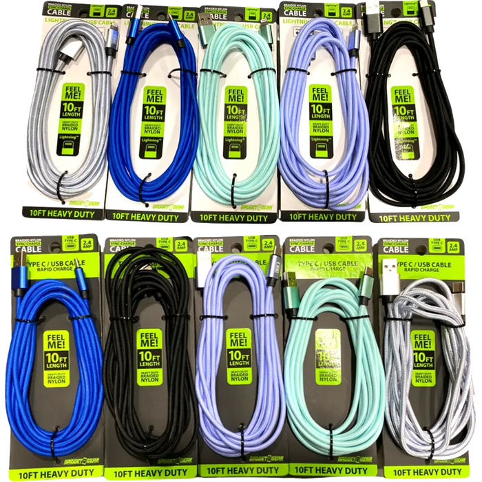 Charging Cable Wing Rack Assortment 10FT - 10 Pieces Per Pack 88422 GADGET GEAR