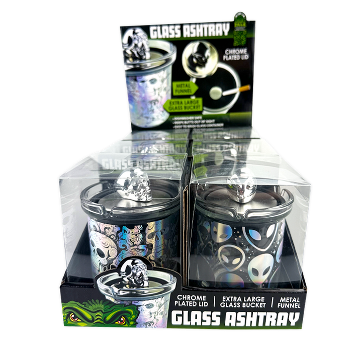 Glass Ashtray with Chrome Plated Lid - 6 Pieces Per Retail Ready Display 25945 SMOKEZILLA