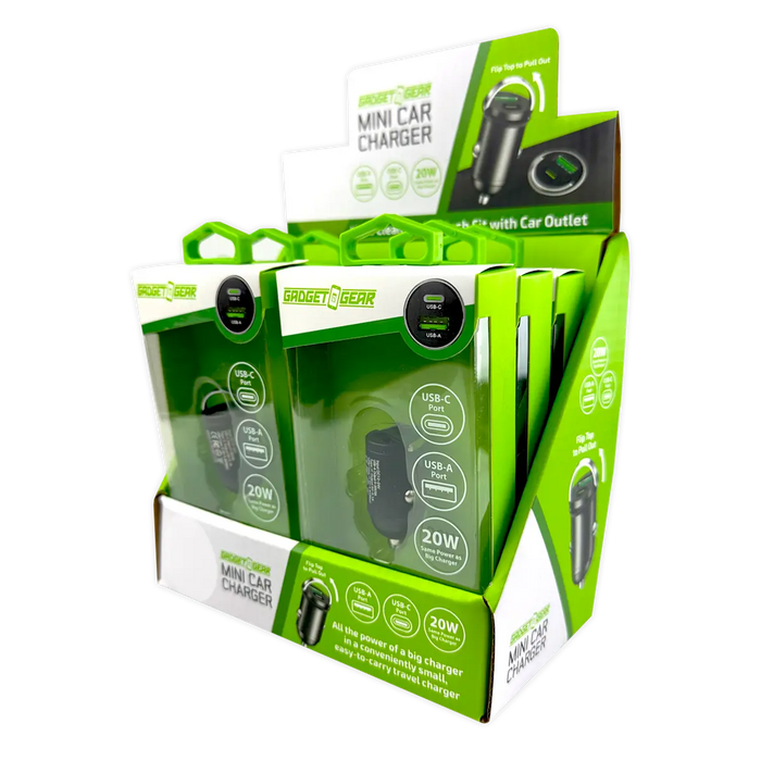 Mini Car Charger DC Dual Port USB / USB-C 20 Watts - 6 Pieces Per Retail Ready Display 25751 GADGET GEAR