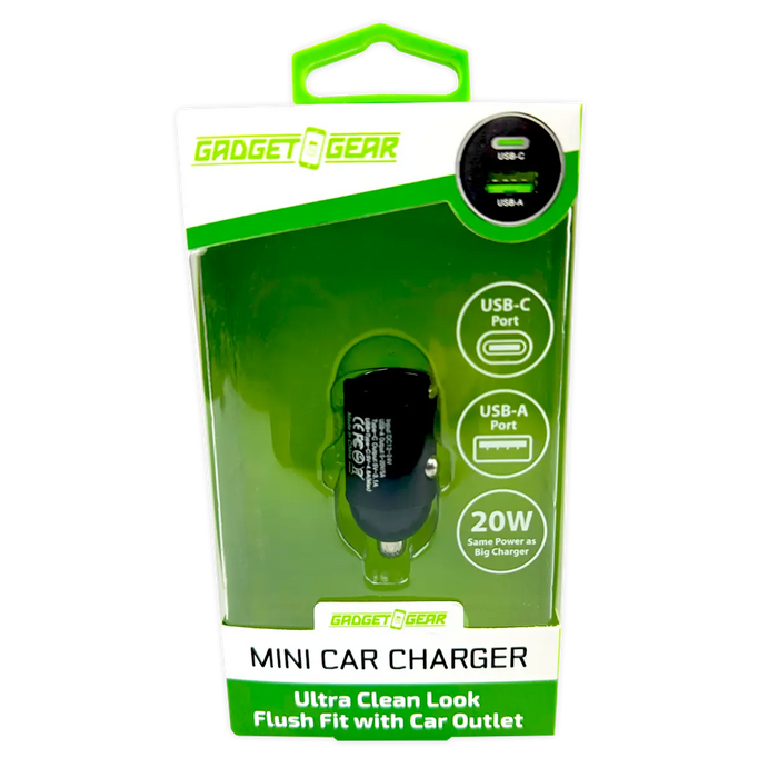 Mini Car Charger DC Dual Port USB / USB-C 20 Watts - 6 Pieces Per Retail Ready Display 25751 GADGET GEAR