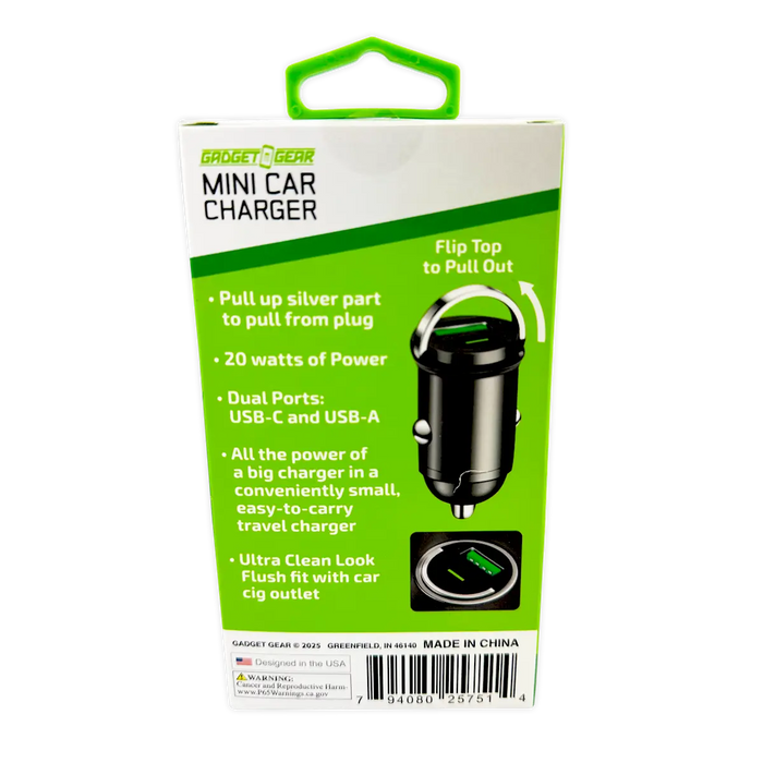 Mini Car Charger DC Dual Port USB / USB-C 20 Watts - 6 Pieces Per Retail Ready Display 25751 GADGET GEAR