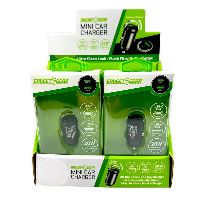 Mini Car Charger DC Dual Port USB / USB-C 20 Watts - 6 Pieces Per Retail Ready Display 25751 GADGET GEAR