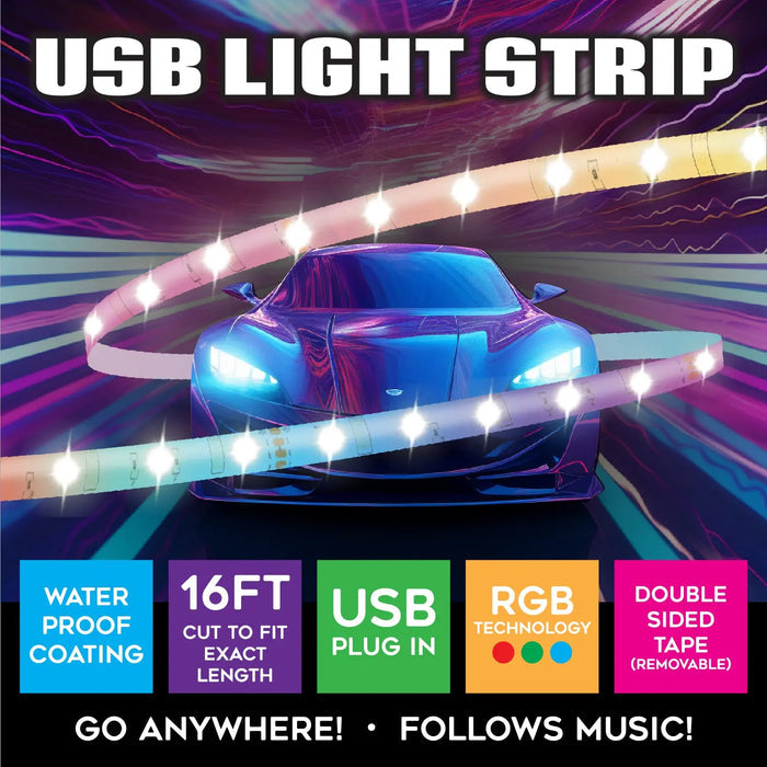 Mood Light Strip USB with Remote 16FT - 6 Pieces Per Retail Ready Display 24338 CAR VIBEZ