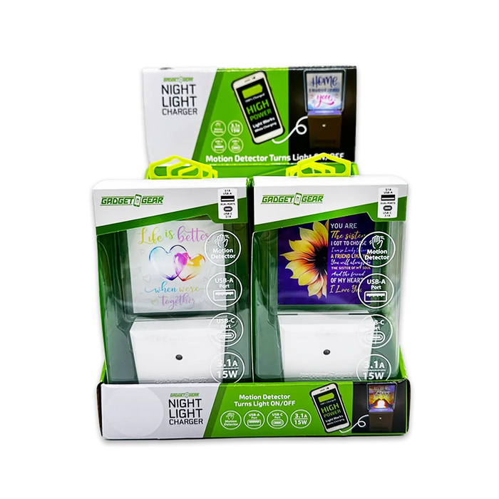 Night Light USB / USB-C Dual Port AC Wall Charger - 6 Pieces Per Retail Ready Display 25132 GADGET GEAR