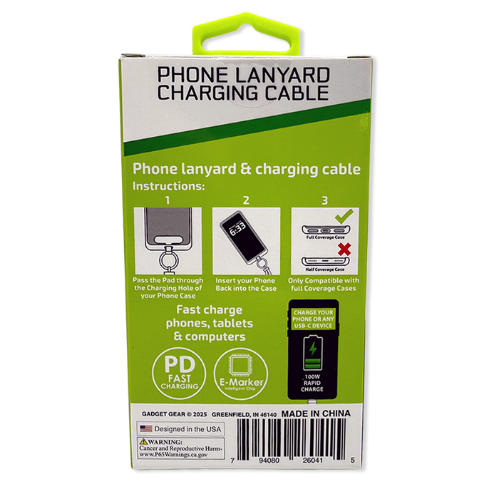 Phone Lanyard 100W Charging Cable - 6 Pieces Per Retail Ready Display 26041 GADGET GEAR