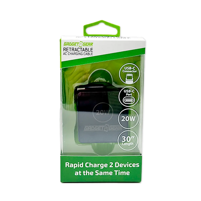 Retractable 30" Charger AC Dual Port USB-C 20 Watts - 6 Pieces Per Retail Ready Display 25383 GADGET GEAR