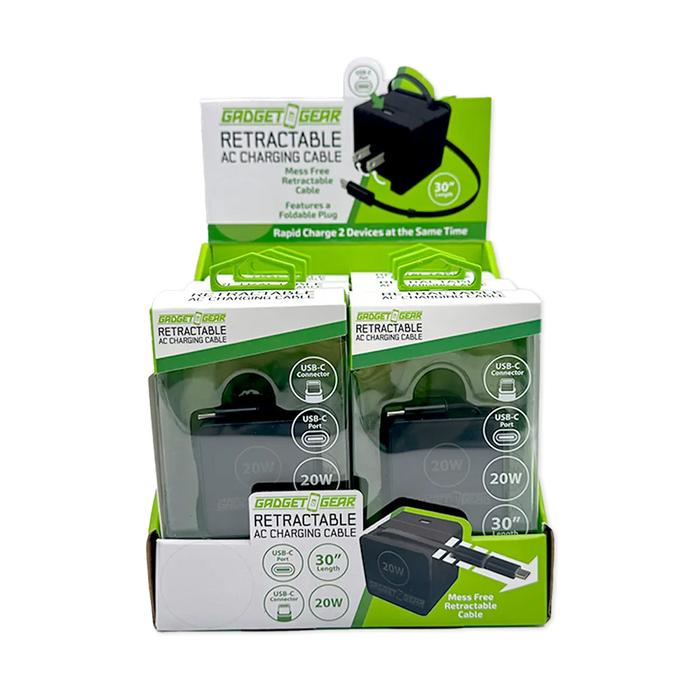 Retractable 30" Charger AC Dual Port USB-C 20 Watts - 6 Pieces Per Retail Ready Display 25383 GADGET GEAR