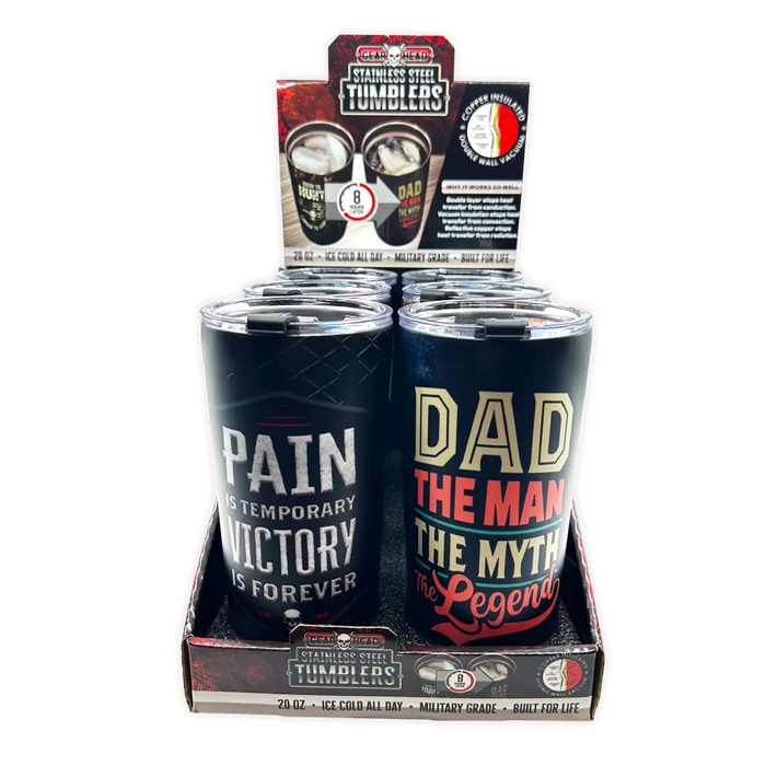 Stainless Steel 20oz Metal Emblem Insulated Printed Tumblers - 6 Pieces Per Retail Ready Display 25835 GEAR HEAD