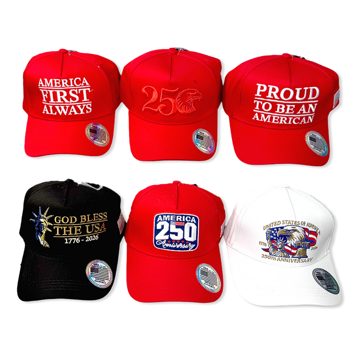USA 250 Patriotic All-American Ball Cap Hat - 6 Pieces Per Retail Ready Display 26553