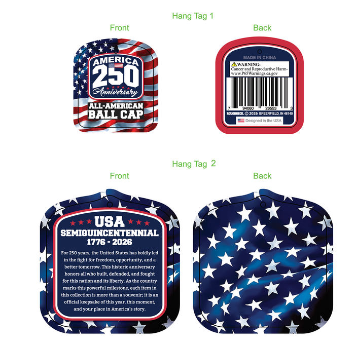 USA 250 Patriotic All-American Ball Cap Hat - 6 Pieces Per Retail Ready Display 26553
