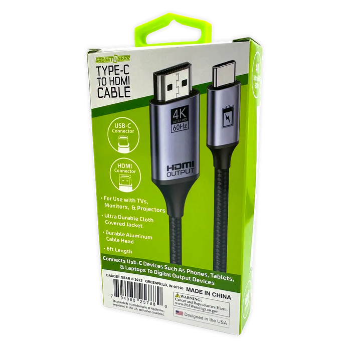 USB-C to HDMI Adapter Cable 6FT 4K Ultra HD 60hz - 6 Pieces Per Retail Ready Display 25788 GADGET GEAR