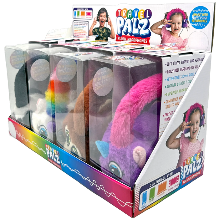 Wired Headphones Travel Pals Kids Plush with Retractable Cord - 4 Pieces Per Retail Ready Display 23699 KIPP BROTHERS