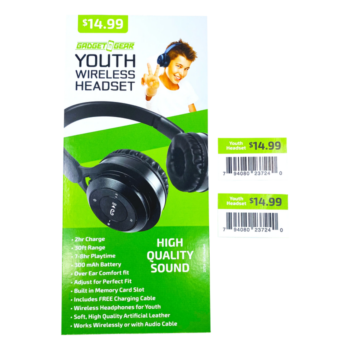 Wireless Headphones Youth with Aux Cable - 6 Pieces Per Retail Ready Display 23724 GADGET GEAR