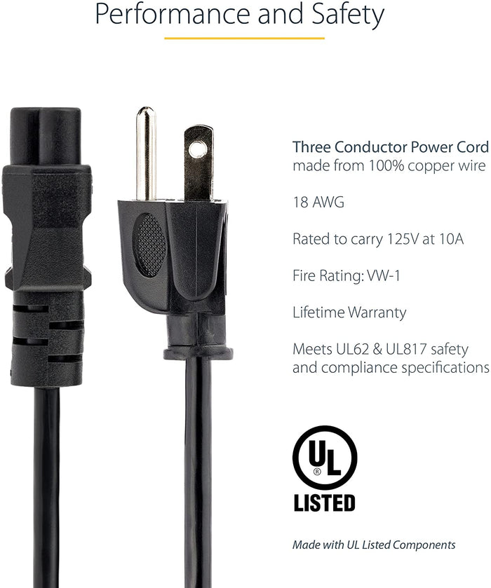 XOTIC PC Laptop Power Cord, NEMA 1-15P to C5 (Mickey Mouse), 10A 125V, 18AWG Laptop Replacement Cord