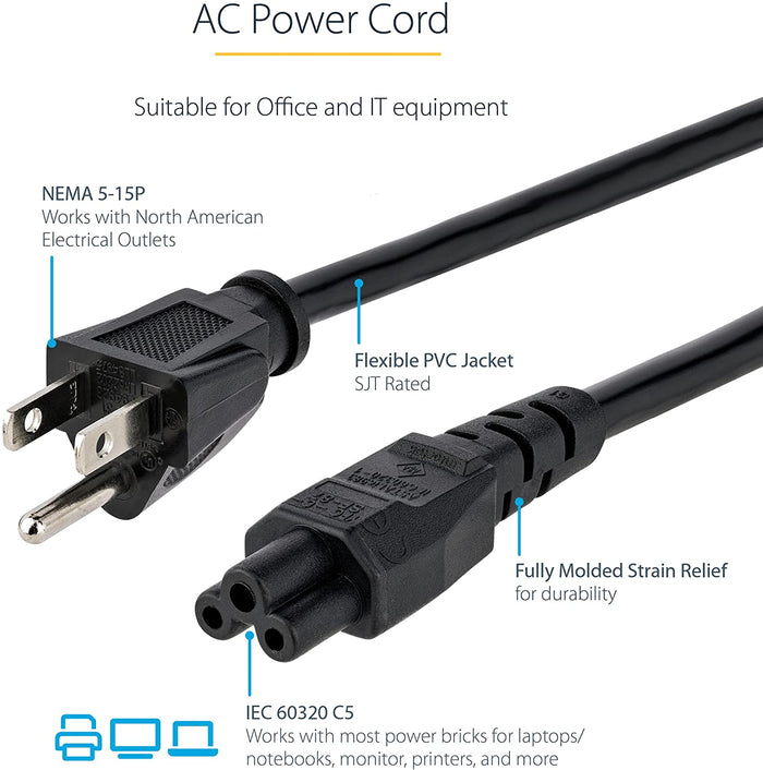 XOTIC PC Laptop Power Cord, NEMA 1-15P to C5 (Mickey Mouse), 10A 125V, 18AWG Laptop Replacement Cord